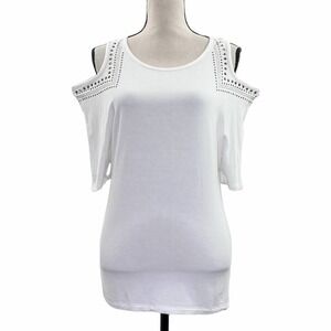 VOICE of California White Cold-Shoulder Dolman Sleeve Embellished Blouse